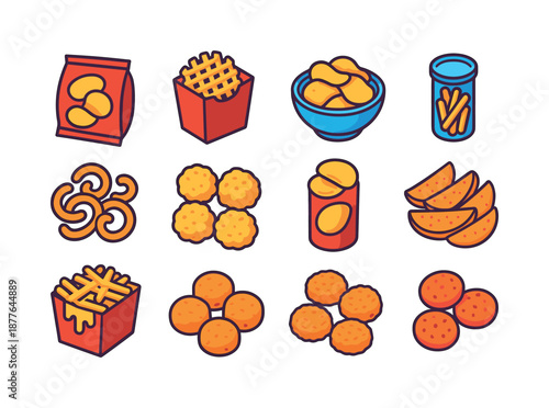 Potato Snack Icons. Potato snacks. Colorful isometric vector icons set of potato snacks: potato chips bag, waffle fries, kettle chips, potato sticks, curly