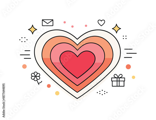 Geometric Heart Design. Geometric Valentine Background. A central heart made of layered geometric shapes, gently accented with stars and dots. Warm but