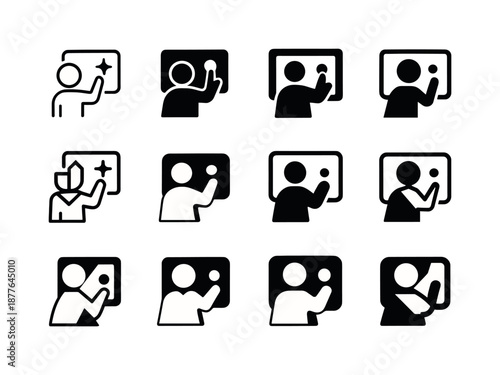 Interactive Exhibitions Logo Set. Exhibitions and learning experiences. Icon set. Set Logo of exhibitions and learning experiences: interactive touchscreen