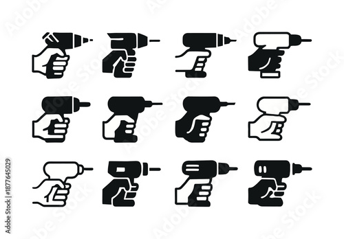 Hands-on Job Icons. Hands-on job. Icon set. Set Logo of hands-on job: drill machine. harmonious logo variations: Symmetrical form, Abstract geometric, Flat