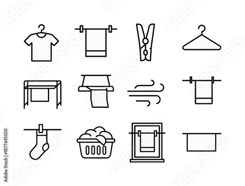 Clothes Drying Icons. Clothes drying. Line icon set of Clothes drying: shirt on rack, towel on line, peg clip, drying hanger, indoor rack, ceiling rack,
