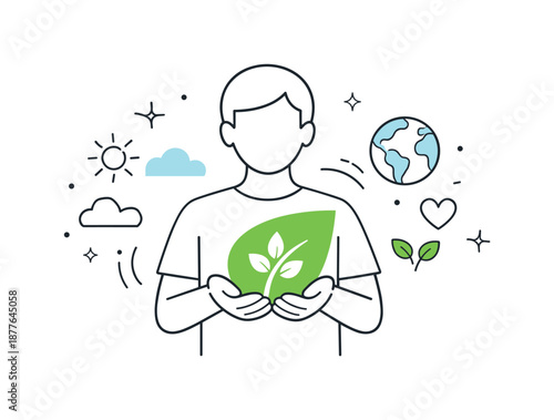Eco Symbol Awareness. Green lifestyle awareness. Person holding a leaf or eco symbol with light abstract shapes around. Sense of responsibility and positive