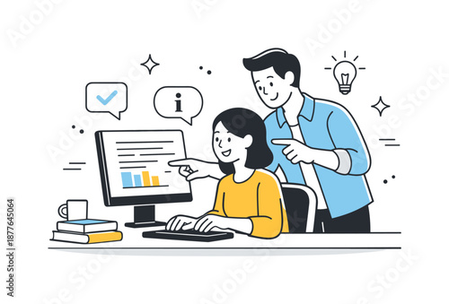 Friendly Office Collaboration. Office teamwork support. One colleague helping another by explaining information on a screen. Friendly guidance and positive