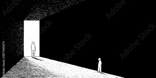 Abstract monochrome scene with people in stark contrast