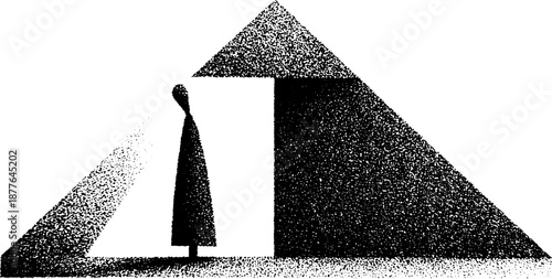 Abstract monochrome art of figure inside geometric pyramid structure