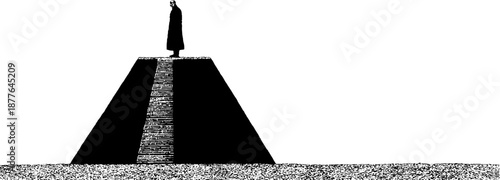 Silhouette of lone figure on monumental structure in minimalist black and white art