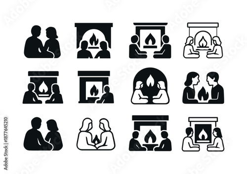Fireside Icons Collection. People enjoying a warm fire in the fireplace. Icon set. Set Logo of people enjoying a warm fire in the fireplace: intimate fireside