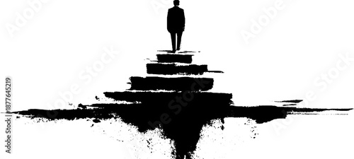 Abstract silhouette of person on stairs with ink splatter art