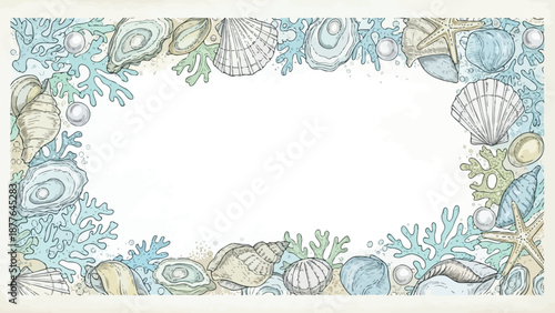 Charming border design featuring hand drawn seashells starfish coral and elegant pearls over sandy beach texture with central copy space