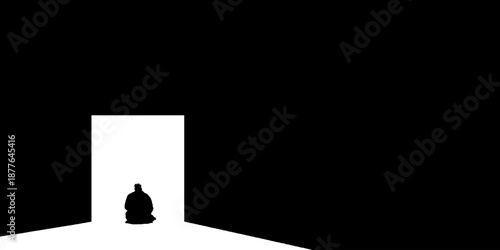 Silhouette of person sitting in minimalistic open doorway with bright light contrast