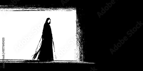 Silhouette of hooded figure in dark cloak standing in dramatic entryway