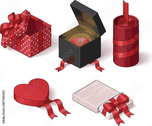 Create a kinds of deferent realistic Open gift box with red ribbon vector art with white background..