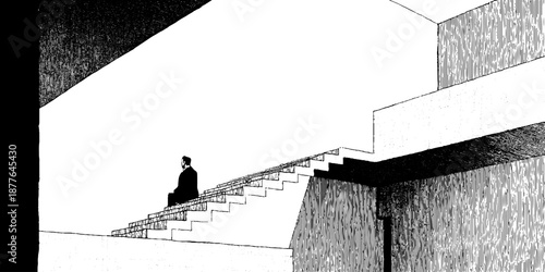 Caucasian male alone on minimalist staircase in modern architectural space