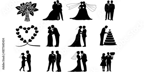 Collection of black wedding silhouettes including couples
