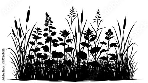 “Black silhouette nature elements, marshland plants, reeds, tall grasses, vector clipart style, no shading”