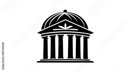 A black and white illustration of a building with a domed roof and column facade