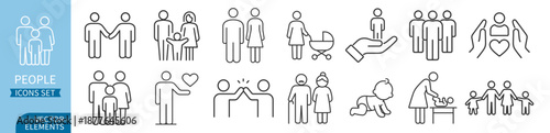 People and social interaction outline icon set, community and teamwork, communication and support, business and management line pictograms collection on transparent background