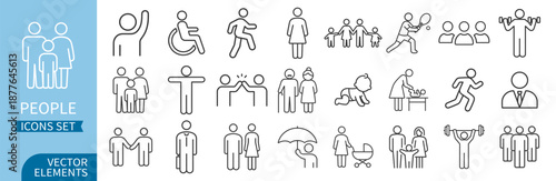 People and social interaction outline icon set, community and teamwork, communication and support, business and management line pictograms collection on transparent background