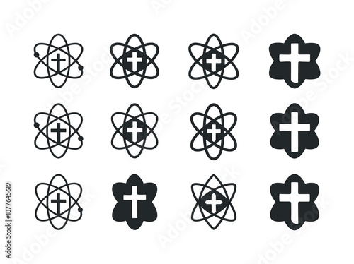 Faith and Science Icons. Christian faith and the science-religion debate. Icon set. Set Logo of Christian faith and the science-religion debate: Cross with
