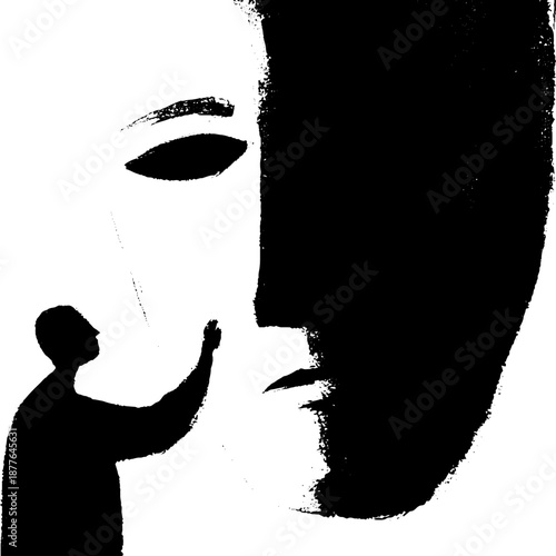 Silhouette of person reaching towards black and white abstract face