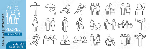 People and social interaction outline icon set, community and teamwork, communication and support, business and management line pictograms collection on transparent background