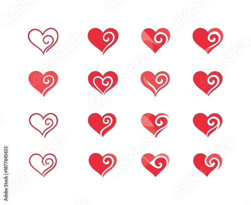 Grateful Heart Icons. grateful heart. Icon set. Set Logo of grateful heart: heart with gentle swirl accent. harmonious logo variations of the same emblematic