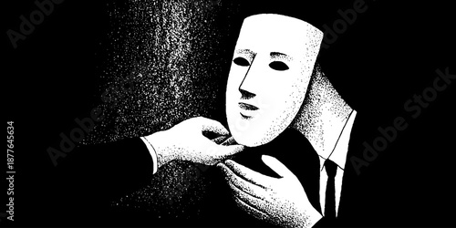 Surreal artwork of faceless figure holding mask in monochrome