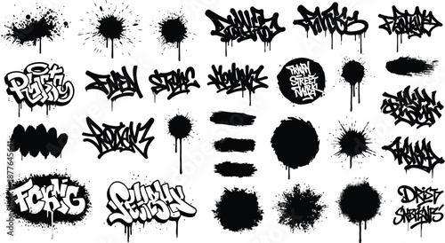 Collection of black and white graffiti tags lettering styles featuring dripping paint effects and various urban splash designs