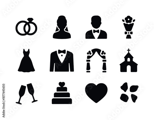 Black Wedding Icons. Wedding. Solid icon set of wedding: wedding rings, bride silhouette, groom silhouette, bouquet, wedding dress, tuxedo, wedding arch,