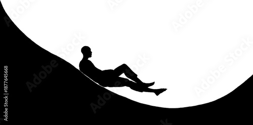 Silhouette of adult male relaxing on hillside under bright sun