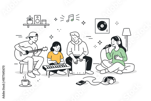 Cozy Music Jam. Music jam session home studio. Friends playing instruments together in a simple room with minimal equipment. Cozy atmosphere and spontaneous