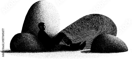 Silhouette of person sitting amid abstract shapes in monochrome art