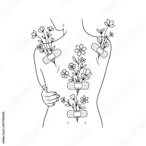 Woman hugging herself with flowers growing from bandages on back, vector line art illustration. Concept of self-love, mental health healing, emotional recovery and growth. Minimalist sketch design.
