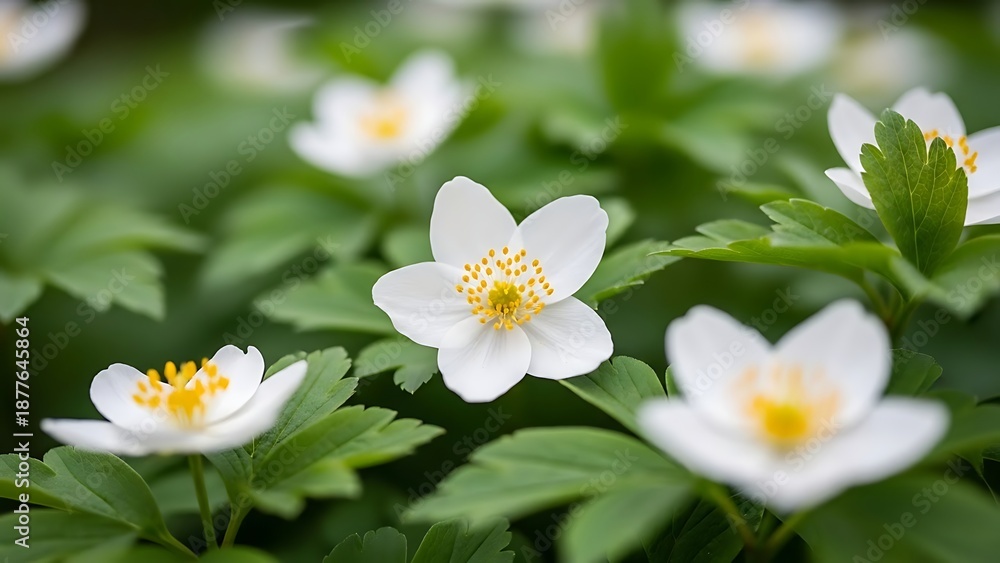 Obraz premium Delicate white anemone flowers bloom in a lush green forest setting
