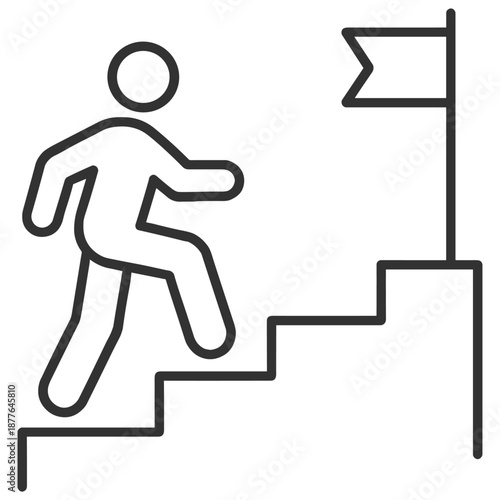 Career growth success icon, person climbing stairs to goal flag outline illustration on transparent background