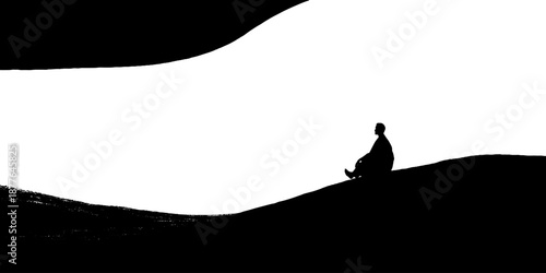Silhouette of person meditating on hill under abstract sky