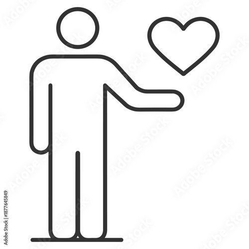 Charity donation icon, helping hand with heart outline illustration on transparent background