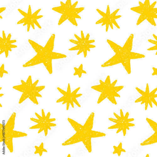 Hand drawn yellow star vector seamless pattern. Minimal doodle background with chalk texture, suitable for packaging, branding, children projects and social media design.