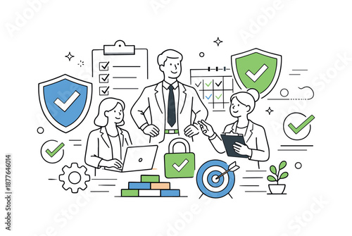Secure Business Confidence. Continuity assurance. Business team confidently operating within a protected system of plans and safeguards, symbolizing