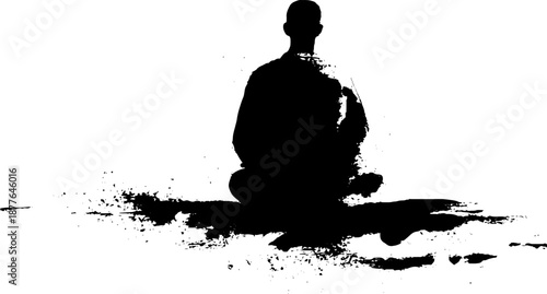 Silhouette of an african adult male meditating in grunge style on white background