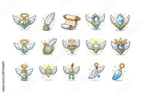 Angel Artifact Icons. Angel artifacts. Colorful isometric vector icons set of angel artifacts: winged pendant, feather quill, sacred scroll, glowing gem, halo