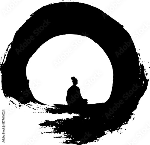Silhouette of a meditating figure in an artistic enso circle