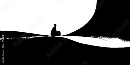 Solitary figure in minimalist monochrome landscape silhouette