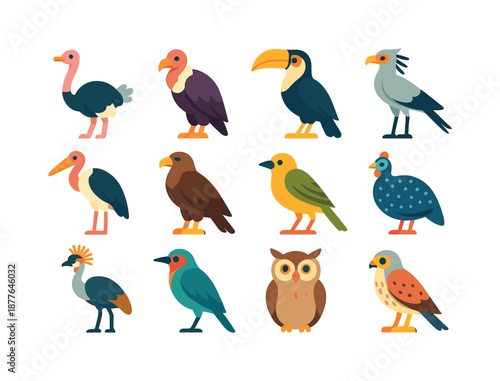 Savanna Bird Icons. Savanna birds. Colorful flat vector icons set of savanna birds: ostrich, vulture, hornbill, secretary bird, marabou stork, eagle, weaver