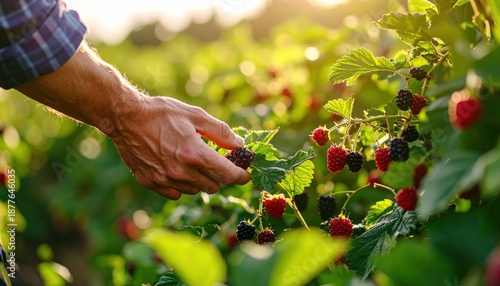 Farmer Hand Gently Picking Ripe Blackberries from a Lush Green Bush During Golden Hour Sunlight Warm Glow