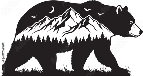 Black bear with mountain landscape inside its body silhouette