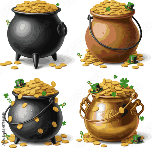 Create a kinds of deferent realistic Pot full of gold coins St Patrick's day concept vector art with white background..