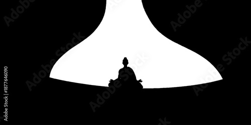 Silhouette of person meditating in lotus pose against abstract background