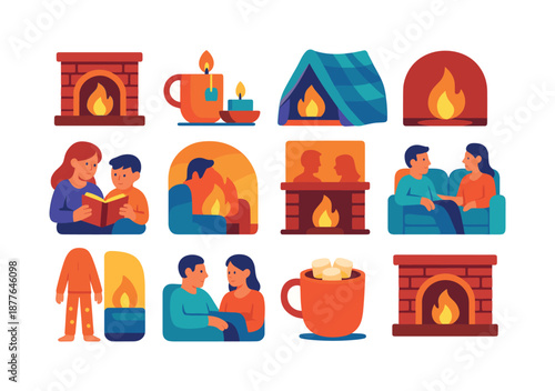 Cozy Evening Icons. Evening by the fire. Colorful flat vector icons set of evening by the fire: low-lit fireplace, tea and candlelight, blanket fort near