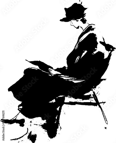 Silhouette of a woman reading in a hat: artistic ink illustration